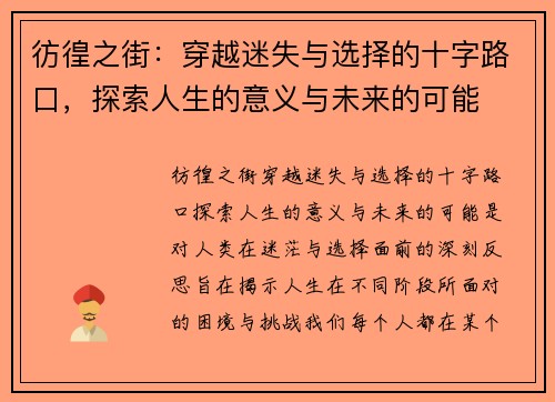 彷徨之街:穿越迷失与选择的十字路口,探索人生的意义与未来的可能 彷徨之街:穿越迷失与选择的十字路口,探索人生的意义与未来的可能